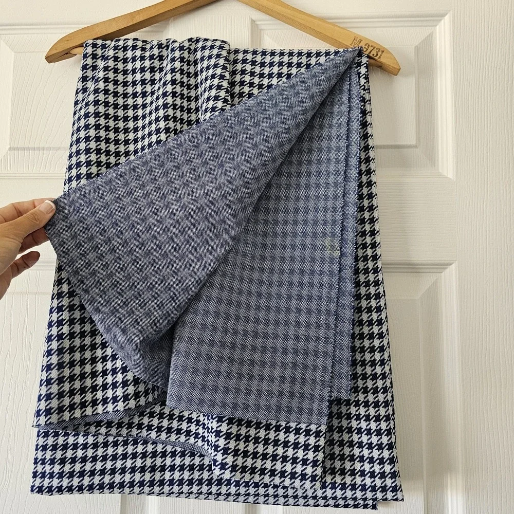 1970s Vintage Polyester Houndstooth Navy White Fabric 2+ Yards